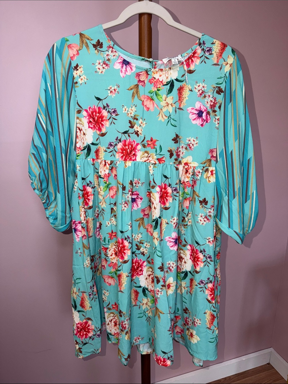 Umgee Turquoise Floral Midi Babydoll Dress with Striped Puff Sleeves